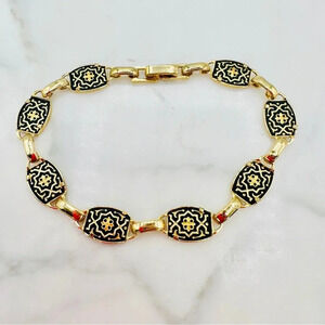 Damascene Link Bracelet Etched Design Gold and Black 7.25” Delicate Roma…